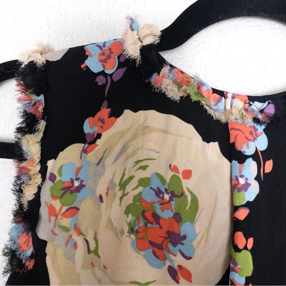 Tory Burch Silk Floral Ruffle Blouse S Black Frayed Edge Button Up Sleeveless - Picture 11 of 12
